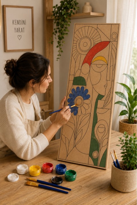 Ahşap Boyama Seti 25x60 cm 6 Renk Akrilik Boya ve 2 Fırça Dahil Dekoratif Tablo