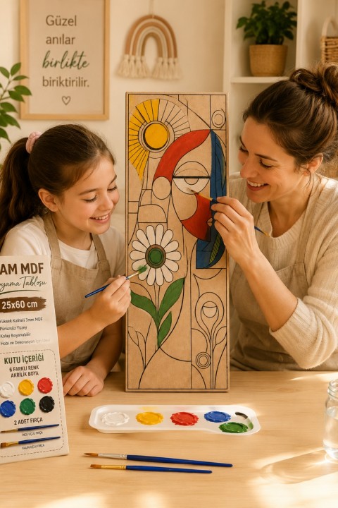 Ahşap Boyama Seti 25x60 cm 6 Renk Akrilik Boya ve 2 Fırça Dahil Dekoratif Tablo