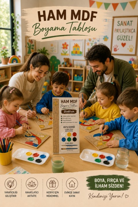Ahşap Boyama Seti 25x60 cm 6 Renk Akrilik Boya ve 2 Fırça Dahil Dekoratif Tablo
