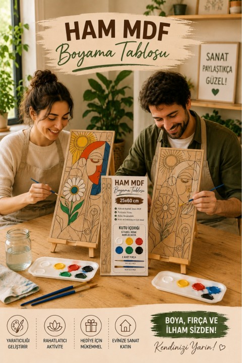 Ahşap Boyama Seti 25x60 cm 6 Renk Akrilik Boya ve 2 Fırça Dahil Dekoratif Tablo