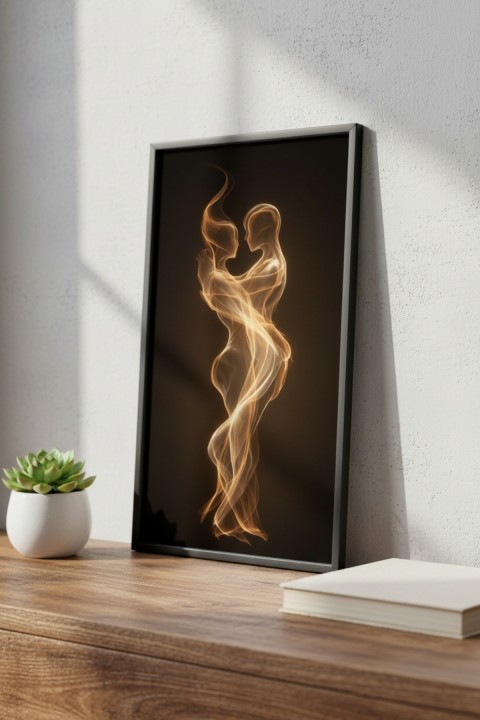 Altın Işık Soyut Aşk Tablosu – Modern Siyah Çerçeveli Dekoratif Duvar Tablosu | Salon, Yatak Odası ve Ofis Dekoru