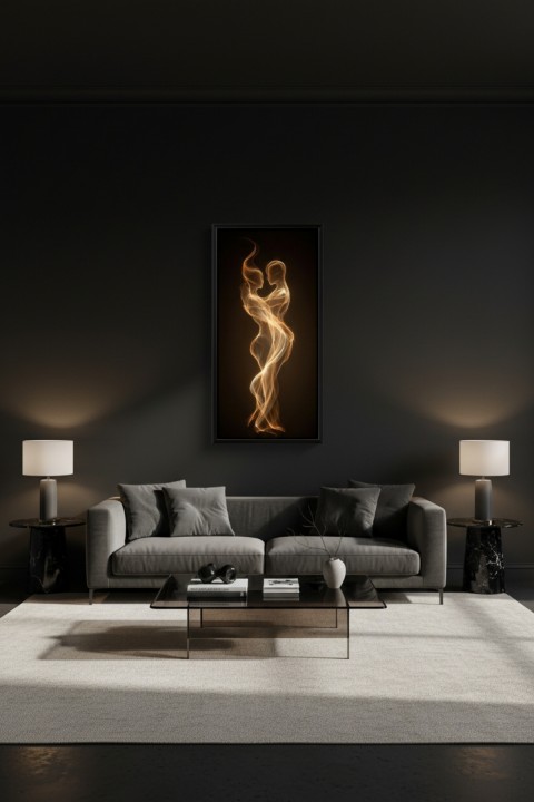 Altın Işık Soyut Aşk Tablosu – Modern Siyah Çerçeveli Dekoratif Duvar Tablosu | Salon, Yatak Odası ve Ofis Dekoru