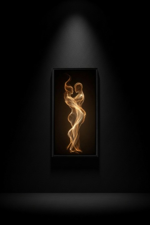 Altın Işık Soyut Aşk Tablosu – Modern Siyah Çerçeveli Dekoratif Duvar Tablosu | Salon, Yatak Odası ve Ofis Dekoru