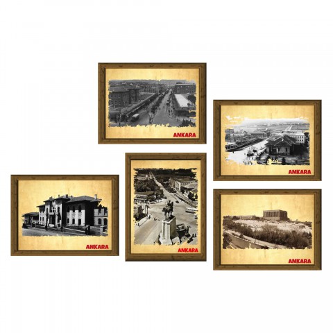 Eski Ankara 13,5x18 cm Çerçeve Görünümlü 5'li Ahşap Tablo Seti, Siyah Beyaz Tablo