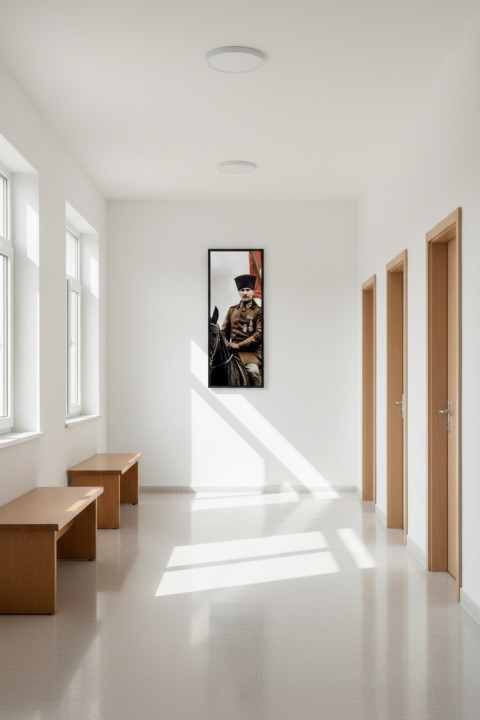 Atatürk At Üstünde Tablo 25x60 cm Dikey Siyah Çerçeveli Duvar Dekoru | Ofis, Okul ve Ev İçin