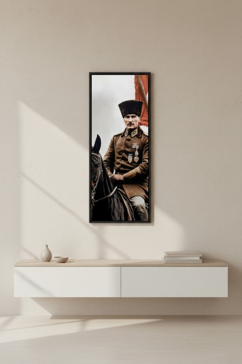 Atatürk At Üstünde Tablo 25x60 cm Dikey Siyah Çerçeveli Duvar Dekoru | Ofis, Okul ve Ev İçin