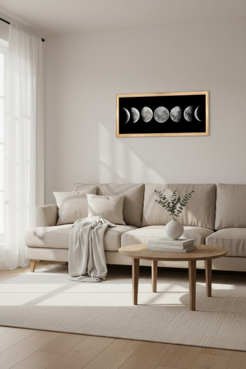 Ayın Evreleri Tablosu 60x25 cm Çerçeveli Duvar Tablosu – Moon Phases Dekoratif Tablo