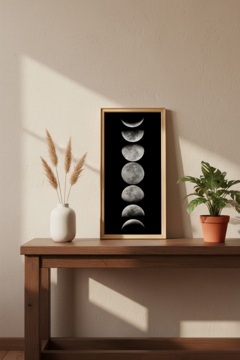 Ayın Evreleri Tablosu 60x25 cm Çerçeveli Duvar Tablosu – Moon Phases Dekoratif Tablo