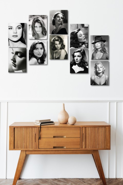 Black and White Women Faces 13,5 x 18 Cm 10'lu Ahşap Tablo Seti