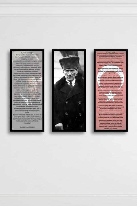 Çerçeveli Atatürk Tablosu 3’lü Set | Gençliğe Hitabe, Atatürk Portresi ve İstiklal Marşı