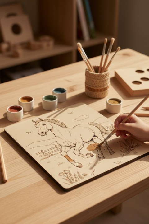 Çocuklar İçin Ahşap Boyama Seti – 16 Parça MDF Boyama Kitabı, 6 Renk Akrilik Boya ve 2 Fırça