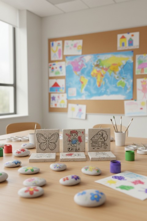 Çocuklar için 6'lı Doğal Taş Boyama Seti 10x10 cm Beyaz Mermer Parçalar