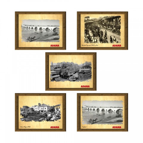 Eski Adana 13,5x18 cm Çerçeve Görünümlü 5'li Ahşap Tablo Seti, Siyah Beyaz Tablo