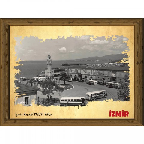 Eski İzmir 13,5x18 cm Çerçeve Görünümlü 5'li Ahşap Tablo Seti, Siyah Beyaz Tablo