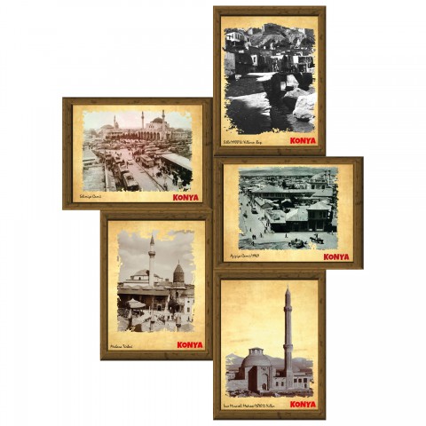 Eski Konya 13,5x18 cm Çerçeve Görünümlü 5'li Ahşap Tablo Seti, Siyah Beyaz Tablo