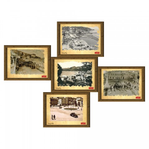 Eski Rize 13,5x18 cm Çerçeve Görünümlü 5'li Ahşap Tablo Seti, Siyah Beyaz Tablo