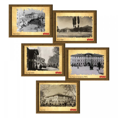 Eski Sivas 13,5x18 cm Çerçeve Görünümlü 5'li Ahşap Tablo Seti, Siyah Beyaz Tablo