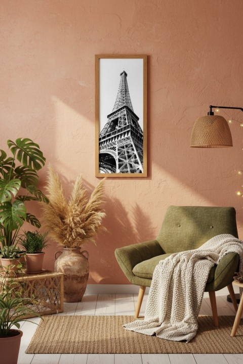 Eyfel Kulesi Temalı Çerçeveli Ahşap MDF Tablo 25x60 cm - Paris Duvar Dekoru