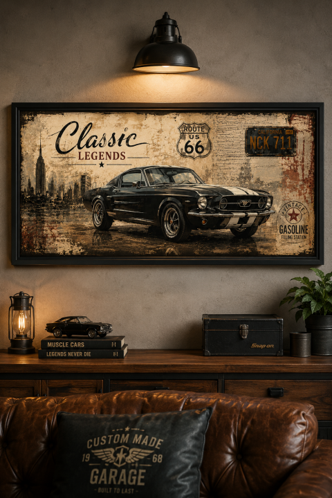FourArts Vintage Klasik Araba Tablosu 60x25 cm Siyah Çerçeveli Retro Araba Dekoratif Duvar Tablosu