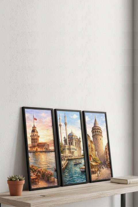 İstanbul 3'lü Tablo Seti Çerçeveli Kız Kulesi Galata Kulesi Ortaköy Camii Duvar Dekoru