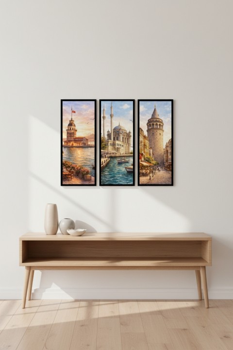 İstanbul 3'lü Tablo Seti Çerçeveli Kız Kulesi Galata Kulesi Ortaköy Camii Duvar Dekoru