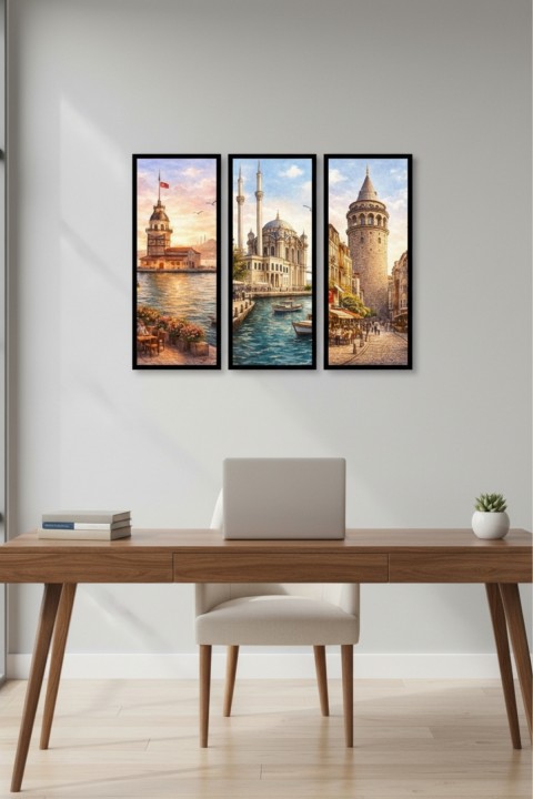 İstanbul 3'lü Tablo Seti Çerçeveli Kız Kulesi Galata Kulesi Ortaköy Camii Duvar Dekoru