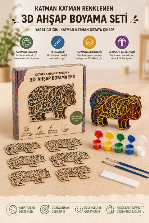 Katmanlı Ahşap Boyama Seti – 3D Mandala Tasarım | 6 Renk Akrilik Boya + Fırça Seti | Çocuk & Yetişkin Hobi ve Etkinlik Seti