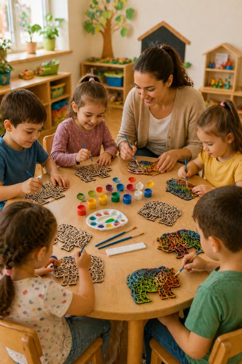 Katmanlı Ahşap Boyama Seti – 3D Mandala Tasarım | 6 Renk Akrilik Boya + Fırça Seti | Çocuk & Yetişkin Hobi ve Etkinlik Seti