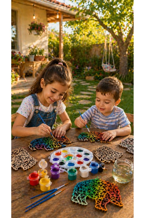 Katmanlı Ahşap Boyama Seti – 3D Mandala Tasarım | 6 Renk Akrilik Boya + Fırça Seti | Çocuk & Yetişkin Hobi ve Etkinlik Seti