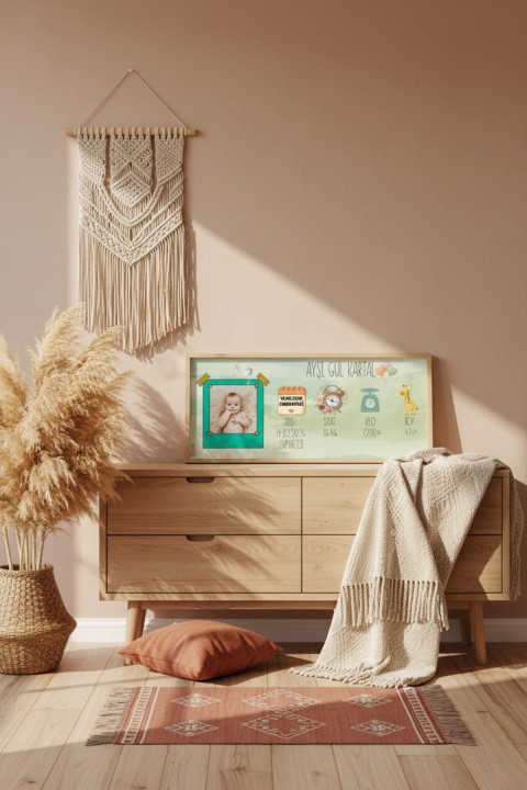 Kişiye Özel Bebek Doğum Tablosu 60x25 cm Çerçeveli | İsimli Bebek Odası Duvar Dekoru
