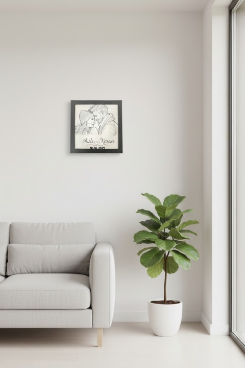 Kişiye Özel Karakalem Tablo | 25x25 cm Kare Çerçeveli | UV Baskılı Ahşap | Anı & Portre