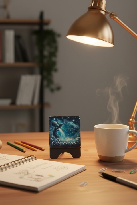Kova Burcu Sanatsal Mermer Tablo 10x10 cm Masaüstü Dekoratif Aksesuar