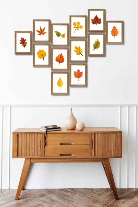Leaf Sonbaharda Yapraklar 13,5 x 18 Cm 12'li Ahşap Tablo Seti