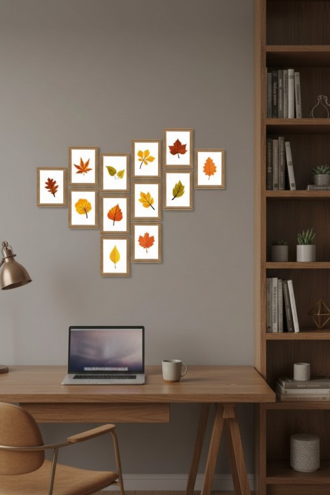 Leaf Sonbaharda Yapraklar 13,5 x 18 Cm 12'li Ahşap Tablo Seti