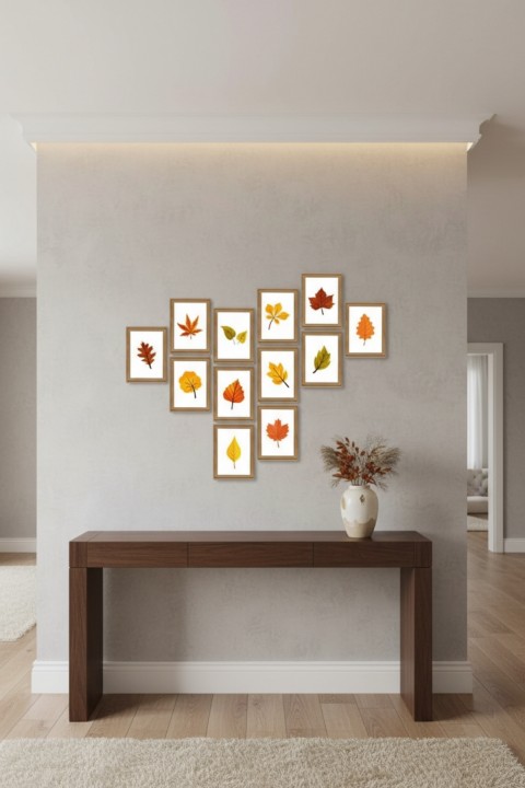 Leaf Sonbaharda Yapraklar 13,5 x 18 Cm 12'li Ahşap Tablo Seti