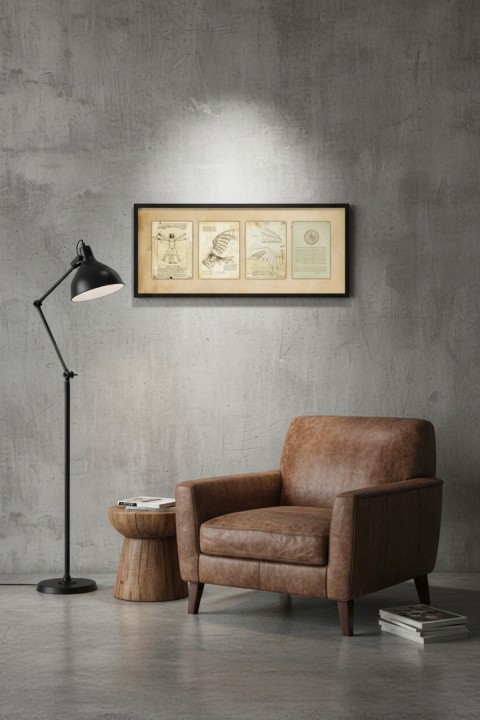 Leonardo Da Vinci Çizimleri Tablo Çerçeveli | Vintage Sanat Tablosu | Ofis Salon Duvar Dekoru