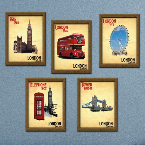 Londra Serisi Çerçeve Görünümlü 5'li Ahşap Özel Tasarım Tablo Seti