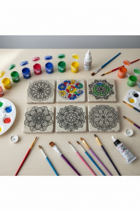 Mandala Boyama Seti – 6’lı 10x10 cm Doğal Mermer Mandala Taşları, EVA Tabanlı Bardak Altlığı