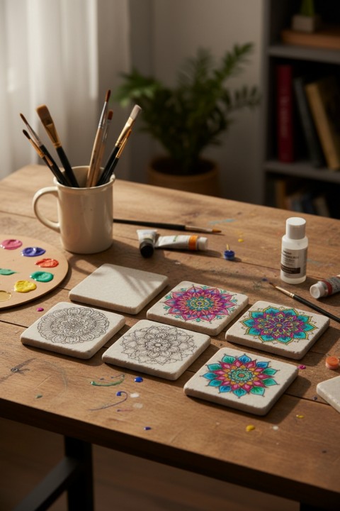 Mandala Boyama Seti – 6’lı 10x10 cm Doğal Mermer Mandala Taşları, EVA Tabanlı Bardak Altlığı