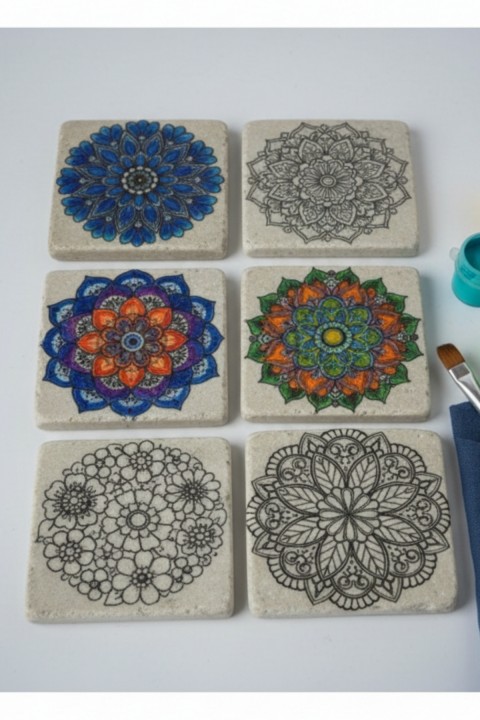 Mandala Boyama Seti – 6’lı 10x10 cm Doğal Mermer Mandala Taşları, EVA Tabanlı Bardak Altlığı