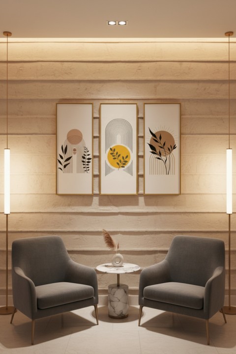 Minimalist 3’lü Ahşap Çerçeveli Tablo Seti | Modern Duvar Dekoru, Salon & Oturma Odası Tablosu