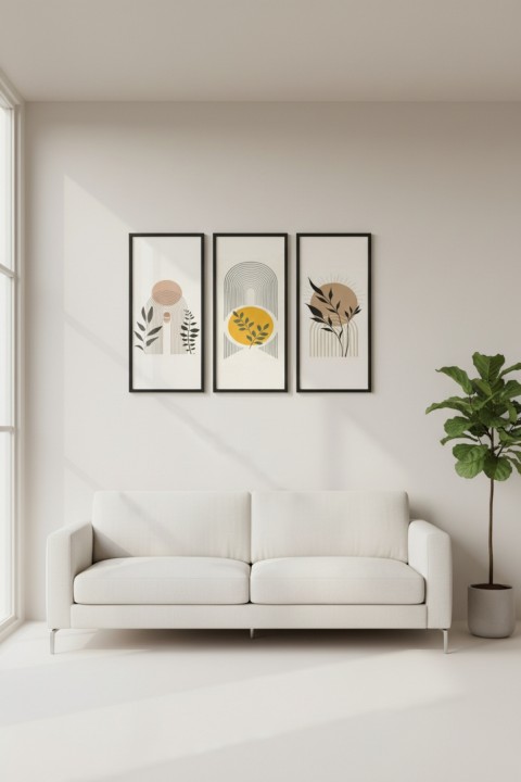 Minimalist 3’lü Ahşap Çerçeveli Tablo Seti | Modern Duvar Dekoru, Salon & Oturma Odası Tablosu