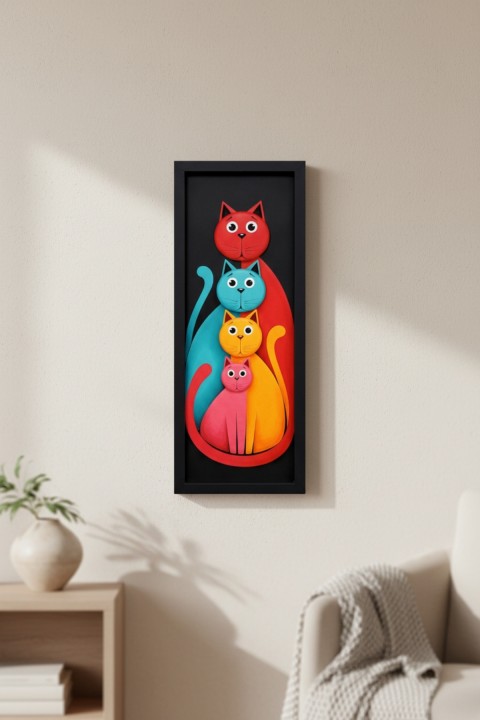 Modern Renkli Kedi Tablosu 25x60 cm Çerçeveli Minimal Duvar Dekoru