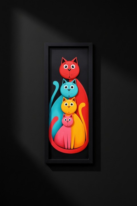 Modern Renkli Kedi Tablosu 25x60 cm Çerçeveli Minimal Duvar Dekoru