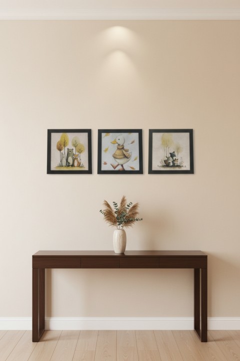 Pastel Orman Temalı 3'lü Çerçeveli Tablo Seti - Çocuk Odası, Bebek Odası Dekor Ürünleri