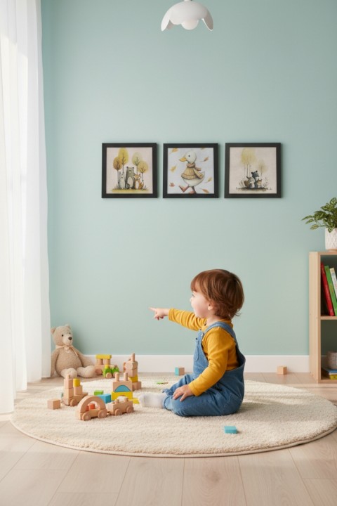 Pastel Orman Temalı 3'lü Çerçeveli Tablo Seti - Çocuk Odası, Bebek Odası Dekor Ürünleri