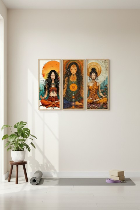 Yoga Tablosu 3’lü Set | 60x25 cm Dikey MDF Meditasyon & Yoga Temalı Duvar Tablosu