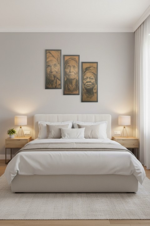 Zamanın İzleri - 3'lü Triptik Tablo, Yaşlı Kadın Figürlü Sanat Eseri, 25x60 cm Çerçeveli